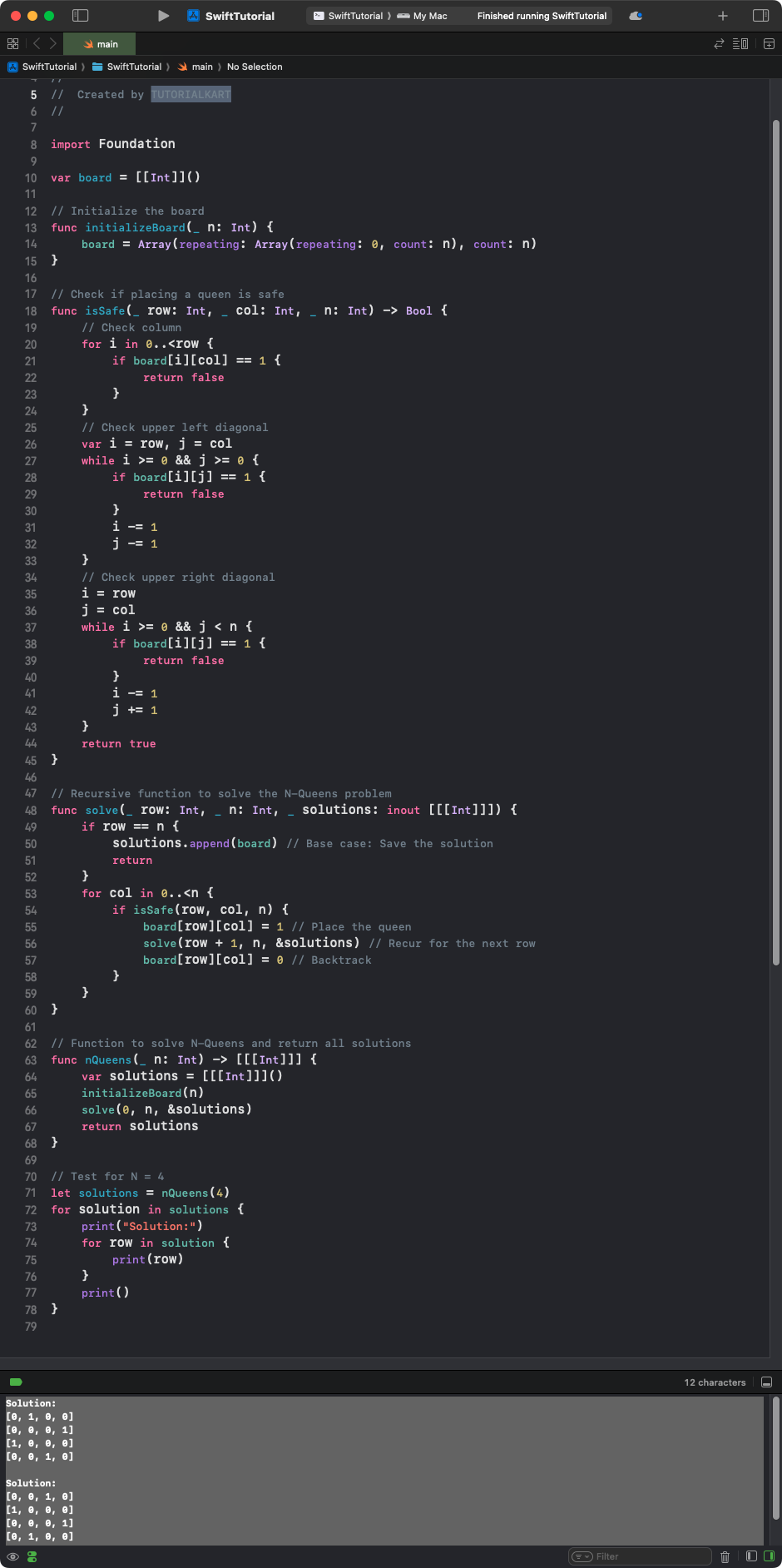 Swift Program to Solve the N-Queens Problem using Recursion